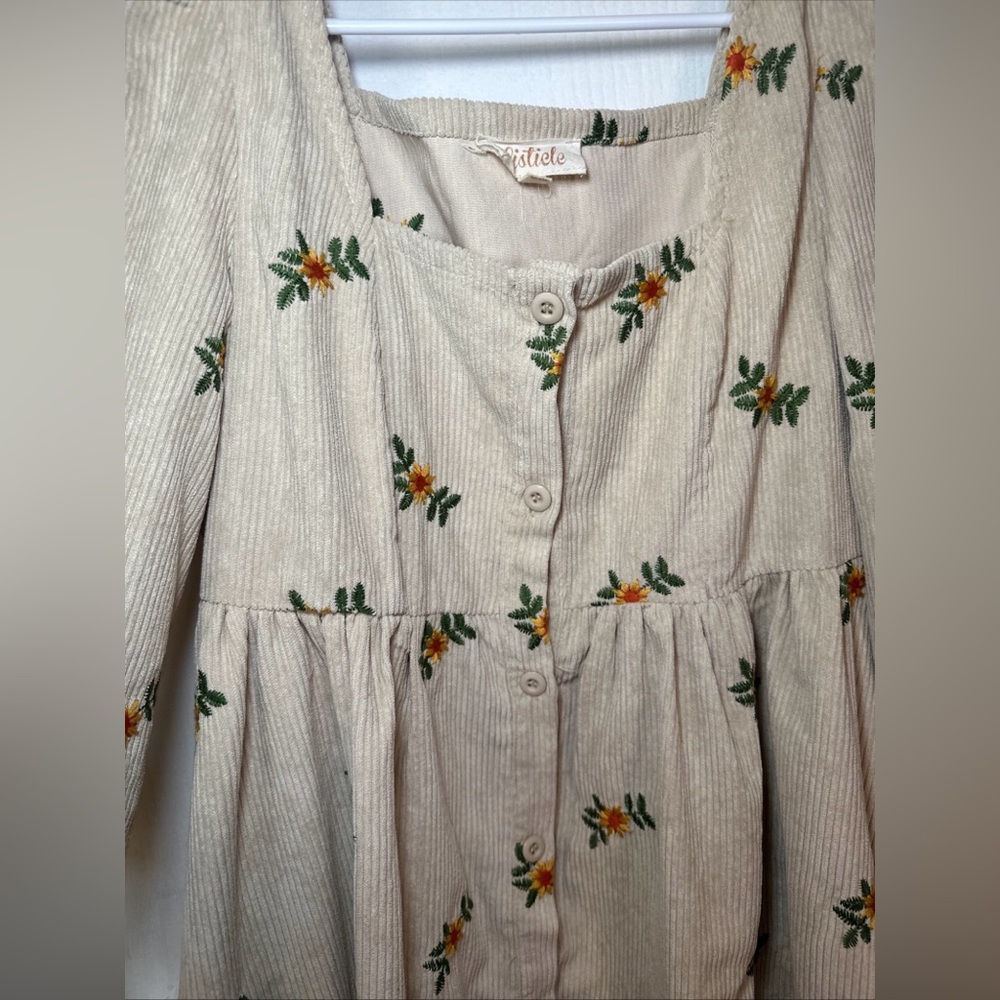 Listicle Cream Romantic Flower Embroidery Corduroy Baby Doll Dress size Medium - Picture 5 of 13